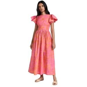 Sika Pink & Orange Printed Flutter Puff Sleeve Midi Dress Size 8 (US) 12 (UK)